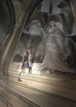 Rule 34 | 1girl, ambiguous gender, arch, armor, barefoot, chosen undead, commentary, dark souls (series), dark souls i, dragon girl, full armor, giant, giantess, helm, helmet, highres, knight, kwiaty k, monster girl, painting (object), pillar, priscilla the crossbreed, scythe, stairs, standing, untranslatable commentary