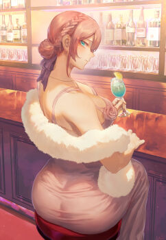 1girl ass bar_(place) bar_stool blue_eyes blush bottle braid breasts cocktail_dress cocktail_glass commentary_request cup dress drinking_glass evening_gown flower food fruit glass hair_bun hair_ribbon highres kagurai_~kagura_and_raito~ large_breasts lemon lemon_slice liona_la_lumiere_(kagurai) looking_at_viewer looking_back mashutarou_(neko_no_oyashiro) mole mole_under_eye original pink_dress red_hair ribbon rose sidelocks sitting solo stool table wine_bottle