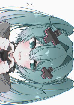 Rule 34 | 1girl, @ @, absurdres, aqua eyes, aqua hair, aqua nails, batsu miku, blush, commentary, embarrassed, four-finger heart hands, hair intakes, hair ornament, hatsune miku, heart, heart hands, highres, jacket, kowareta sekai to utaenai miku, open mouth, project sekai, ria art, sideways, simple background, turtleneck, turtleneck jacket, twintails, vocaloid, white background, x hair ornament