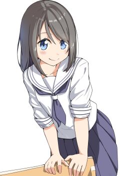 1girl absurdres arm_support blue_eyes blue_necktie blue_skirt brown_hair collarbone cowboy_shot dot_nose highres leaning_forward leaning_on_object looking_at_viewer necktie negimiso1989 original parted_bangs pleated_skirt sailor_collar school_uniform serafuku short_hair sidelocks simple_background skirt smile solo white_background white_sailor_collar