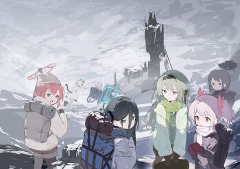 6+girls :d :o absurdres animal_ears aris_(blue_archive) backpack bag blue_archive blue_eyes blue_halo cat_ears cat_tail closed_mouth firefly_(honkai:_star_rail) frown full_body gloves green_halo halo highres holding holding_bag honkai:_star_rail honkai_(series) jiadedaoshi kaname_madoka kaname_madoka_(magical_girl) looking_at_another looking_at_viewer looking_back mahou_shoujo_madoka_magica midori_(blue_archive) momoi_(blue_archive) multiple_girls open_mouth pink_eyes purple_eyes red_halo smile snow standing tail