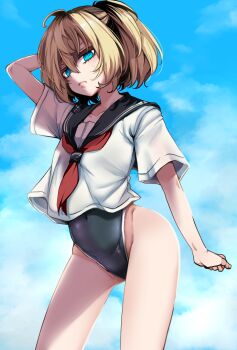 Rule 34 | 1girl, arm behind head, black one-piece swimsuit, blonde hair, blue eyes, closed mouth, covered navel, flat chest, from below, gluteal fold, groin, hair between eyes, hal (goshujinomocha), highres, looking at viewer, one-piece swimsuit, school uniform, serafuku, short hair, solo, swimsuit, swimsuit under clothes, tanya degurechaff, youjo senki