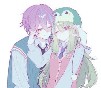 1boy 1girl blue_streaks blue_sweater blue_sweater_vest bow closed_mouth collared_shirt couple eyes_visible_through_hair green_hair hair_between_eyes hair_bow half-heart_hands hat hetero kamishiro_rui kusanagi_nene long_hair necktie nxff1n one_eye_closed penguin_hat pink_sweater pink_sweater_vest pom_pom_(clothes) project_sekai purple_eyes school_uniform shirt sweater sweater_vest white_background yellow_eyes
