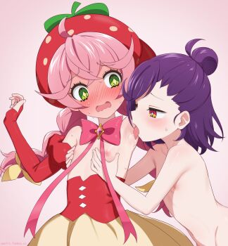2girls acro_trip berry_blossom blush braid bridal_gauntlets commentary date_chizuko elbow_gloves english_commentary flat_chest gloves grabbing_another&#039;s_breast grabbing_from_behind green_eyes groping hair_bun highres licking licking_armpit loli long_hair medium_hair multiple_girls nipples nose_blush nude open_mouth pestil pink_hair purple_hair red_eyes red_gloves tongue tongue_out topless_female twin_braids wavy_mouth yuri