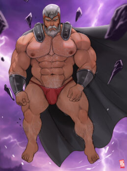 1boy absurdres arm_hair armlet bara barefoot beard blue_eyes blurry blurry_background bulge cape chest_hair doctor_anfelo facial_hair floating full_beard helmet highres jewelry large_pectorals leg_hair lightning magneto male_focus marvel marvel_rivals muscular muscular_male mustache nipples old old_man pectorals purple_background red_thong signature silver_armlet strongman_waist thong x-men