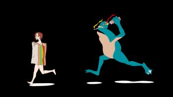 1girl animated animated_gif bare_legs barefoot black_background bread bread_slice brown_hair capcom chasing clenched_teeth convenient_censoring feet food frog hinca-p hungry hunter_gamma imminent_vore jill_sandwich_(meme) jill_valentine ketchup ketchup_bottle looping_animation monster mustard mustard_bottle predator_and_prey resident_evil running sandwich scared short_hair simple_background teeth you_gonna_get_eaten