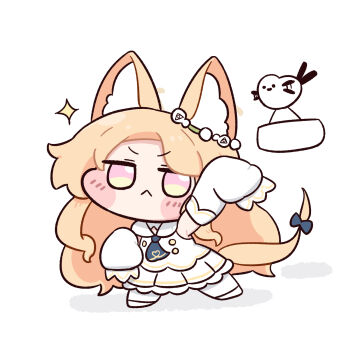 1girl :< animal_ear_fluff animal_ears arm_up beleullin blonde_hair blue_archive chibi chibi_only commentary detached_sleeves dress fox_ears fox_girl fox_tail heart highres korean_commentary long_hair long_sleeves necktie seia_(blue_archive) simple_background solo star_(symbol) tail tail_ornament white_dress