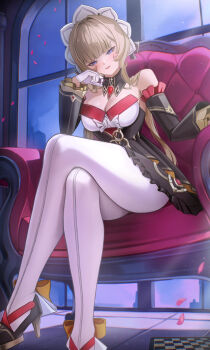 1girl absurdres bare_shoulders black_dress black_sleeves blue_eyes blush breasts brown_hair chair chess_piece chessboard cleavage commentary couch crossed_legs detached_sleeves dress genshin_impact gloves hand_up high_heels highres holding holding_chess_piece indoors large_breasts long_hair long_sleeves looking_at_viewer night on_chair on_couch pantyhose parted_lips pawn_(chess) puppnett sandrone_(genshin_impact) sitting solo strapless strapless_dress very_long_hair white_gloves white_pantyhose window