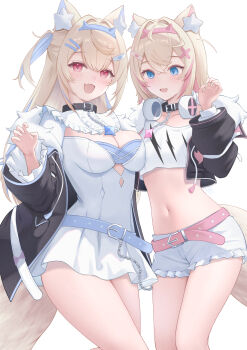 Rule 34 | 2girls, :d, animal collar, animal ears, bandaid, bandaid hair ornament, belt, bib collar, black collar, black jacket, blonde hair, blue belt, blue eyes, blue hairband, blue streaks, breast envy, breasts, cleavage cutout, clothing cutout, collar, commentary request, cropped jacket, cropped shirt, crossed bangs, cutout above navel, dog ears, dog girl, dog tail, double-parted bangs, dress, fake horns, fang, flat chest, frilled shirt collar, frilled shorts, frills, fur-trimmed jacket, fur trim, fuwawa abyssgard, fuwawa abyssgard (1st costume), hair between eyes, hair intakes, hair ornament, hairband, hairclip, hand up, headphones, headphones around neck, highres, hololive, hololive english, horn hairband, horns, jacket, large breasts, long hair, long sleeves, looking at breasts, looking at viewer, mococo abyssgard, mococo abyssgard (1st costume), multicolored hair, multiple girls, off shoulder, open mouth, parallel hairclips, partial commentary, pink belt, pink eyes, pink hairband, pink streaks, seriponpoyon, shirt, short dress, short hair, short shorts, shorts, siblings, simple background, sisters, skin fang, smile, spiked collar, spikes, streaked hair, tail, twins, two side up, virtual youtuber, white background, white dress, white shirt, white shorts, x hair ornament