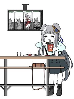 12_billion_yen_incident absurdres animal_ears blunt_bangs boots chopsticks chrono_genesis_(casual)_(umamusume) chrono_genesis_(umamusume) closed_eyes commentary_request dakappa eating gold_ship_(red_strife)_(umamusume) gold_ship_(umamusume) grey_hair hair_ornament highres holding holding_chopsticks horse_ears horse_girl instant_cup_noodles long_hair monitor multiple_girls standing standing_on_one_leg table tears umamusume