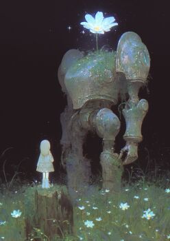 1girl abandoned black_background blonde_hair dress field flower flower_field from_behind grass highres long_hair mecha mecha_focus momowaaai on_tree_stump original overgrown robot standing straight_hair tree_stump very_wide_shot white_flower