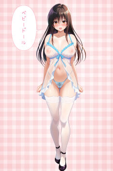 1girl babydoll black_shoes breasts breasts_apart commentary_request cygnus_(cygnus7) frilled_babydoll full_body highres kotegawa_yui large_breasts large_variant_set legs navel plaid_background shoes solo speech_bubble standing stomach thighs to_love-ru to_love-ru_darkness translation_request variant_set white_babydoll