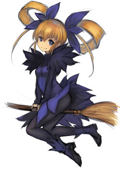 1girl ass black_pantyhose blonde_hair blue_boots blue_dress blue_eyes blue_ribbon boots breasts bright_pupils broom broom_riding commentary_request dress full_body gunbird hair_ribbon hair_rings highres johan_(johan13) long_hair looking_at_viewer marion pantyhose ribbon sidelocks simple_background small_breasts smile solo white_background white_pupils