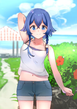 1girl absurdres arm_up artist_name bitween0908 blue_eyes blue_sky blurry blurry_background braid cloud day flower hair_between_eyes hair_ornament highres looking_at_viewer midriff misakino_kukuru navel outdoors path pavilion road shiroi_suna_no_aquatope shirt shorts sky smile solo white_shirt
