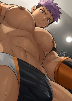 1boy abs bara bulge covered_penis cowboy_shot crotch dark-skinned_male dark_skin foreshortening from_below highres ktorazi large_pectorals looking_at_viewer looking_down male_focus meme multicolored_hair muscular muscular_male navel nipples original pec_pov_(meme) pectorals purple_hair sanpaku short_hair solo stomach sweat topless_male tsurime two-tone_hair upper_body v-shaped_eyebrows very_sweaty wrestler wrestling_outfit