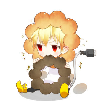 1boy blonde_hair cable chibi cosplay donut earrings eating fang fate/stay_night fate/zero fate_(series) food gilgamesh_(fate) haine_(howling) jewelry lion male_focus mister_donut plug pon_de_lion pon_de_lion_(cosplay) red_eyes short_hair sitting solo sparkle