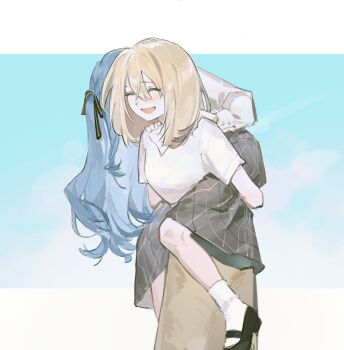 2girls bang_dream! bang_dream!_it&#039;s_mygo!!!!! black_ribbon blonde_hair blue_hair carrying chinese_commentary closed_eyes commentary_request grey_skirt hair_between_eyes hair_ribbon highres long_hair long_sleeves lu_bian_de_yecao_zai_changge misumi_uika multiple_girls open_mouth piggyback ribbon shirt short_sleeves skirt socks togawa_sakiko white_shirt white_socks