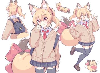 1girl :d ^_^ animal_ear_fluff animal_ears bag black_skirt black_thighhighs blonde_hair bow brown_shoes cardigan closed_eyes closed_mouth collared_shirt fox fox_ears fox_girl fox_tail full_body hand_up loafers long_sleeves looking_at_viewer miniskirt multiple_views necktie open_mouth orange_eyes original plaid_clothes plaid_skirt pleated_skirt ponytail red_bow red_necktie school_bag school_uniform shirt shoes short_hair simple_background skirt smile standing standing_on_one_leg suzuno_(suzuno3110) tail tail_bow tail_ornament thighhighs v-shaped_eyebrows white_background white_shirt yellow_cardigan zettai_ryouiki