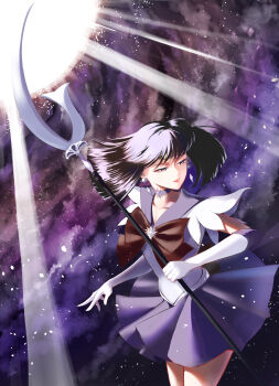 absurdres back_bow bishoujo_senshi_sailor_moon black_hair blunt_bangs bow bowtie brooch choker earrings elbow_gloves gem gloves highres jewelry miniskirt mismick pleated_skirt purple_bow purple_bowtie purple_choker purple_eyes purple_gemstone purple_sailor_collar purple_skirt sailor_collar sailor_saturn shirt short_hair short_sleeves silence_glaive skirt space star_(symbol) star_choker star_ornament tiara tomoe_hotaru white_gloves white_shirt
