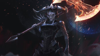 1girl absurdres armor axe battle_axe black_armor chain closed_mouth colored_sclera commentary commission cowboy_shot english_commentary fake_horns fantasy fire flaming_weapon helmet highres holding holding_axe holding_weapon horned_armor horned_helmet horns light_particles lips looking_to_the_side nose original over_shoulder pale_skin paul_nong purple_eyes purple_sclera solo standing weapon weapon_over_shoulder white_hair