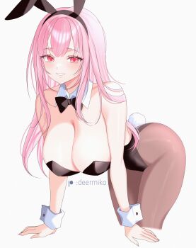 1girl :d absurdres bare_shoulders bent_over black_bow black_bowtie black_leotard black_pantyhose bow bowtie breasts cleavage deermiko detached_collar fake_tail grin highres hololive hololive_english large_breasts leotard long_hair mori_calliope open_mouth pantyhose pink_eyes pink_hair playboy_bunny rabbit_tail sidelocks simple_background smile strapless strapless_leotard tail traditional_bowtie virtual_youtuber white_background wrist_cuffs