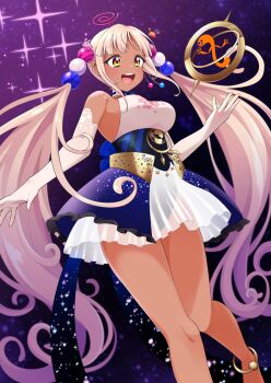 Rule 34 | 1girl, :d, blonde hair, blue leotard, blue skirt, breasts, commentary, dark-skinned female, dark skin, elbow gloves, english commentary, gloves, halter shirt, halterneck, highres, hololive, hololive english, kaniko (tsukumo sana), leotard, leotard under clothes, limiter (tsukumo sana), long hair, miniskirt, ohu (kagemaru), open mouth, overskirt, pleated skirt, see-through clothes, see-through skirt, shirt, sideboob, skin tight, skirt, smile, solo, sparkle, starry sky print, teeth, tongue, tsukumo sana, tsukumo sana (1st costume), twintails, underbust, upper teeth only, usaslug (tsukumo sana), very long hair, virtual youtuber, white gloves, white shirt, white skirt, yatagarasu (tsukumo sana), yellow eyes