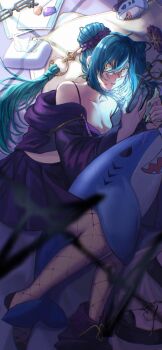 1girl breasts camisole cellphone cleavage fishnet_thighhighs fishnets green_hair green_nails hair_between_eyes hair_extensions highres ichimirei_130 kitakoji_hisui kitakoji_hisui_(4th_costume) large_breasts long_hair looking_at_viewer lying midriff nijisanji on_bed on_side phone pleated_skirt ring_hair_extensions skirt smartphone solo stuffed_animal stuffed_shark stuffed_toy thighhighs twintails virtual_youtuber yellow_eyes