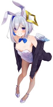 1girl absurdres amane_kanata angel_wings animal_ear_hairband animal_ears bare_shoulders black_jacket blue_bow blue_bowtie blue_hair blue_wings bob_cut bow bowtie buket_pudding_i colored_inner_hair commentary_request covered_navel detached_collar fake_animal_ears feathered_wings fishnet_pantyhose fishnets flat_chest full_body gradient_wings grey_hair grin hair_over_one_eye hairband halo highres hololive jacket leotard looking_at_viewer mini_wings multicolored_hair multicolored_wings off_shoulder pantyhose pink_streaks playboy_bunny purple_eyes rabbit_ear_hairband rabbit_ears shoes short_hair simple_background single_hair_intake sleeves_past_fingers sleeves_past_wrists smile solo star_halo strapless strapless_leotard strappy_heels streaked_hair tilted_halo virtual_youtuber white_background white_shoes white_wings wings