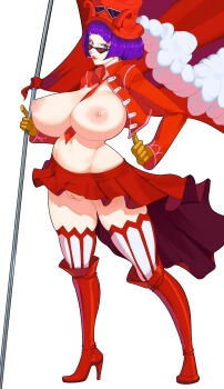 1girl belo_betty between_breasts breasts cigarette cleft_of_venus cowboy_shot cropped_jacket flag gloves goggles goggles_on_headwear hard.d hat highres holding large_breasts lips long_sleeves looking_over_eyewear looking_over_glasses midriff navel necktie necktie_between_breasts nipples no_panties one_piece partially_visible_vulva purple-tinted_eyewear purple_hair pussy short_hair skirt smoking solo sunglasses thighhighs tinted_eyewear top_hat