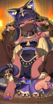 1girl animal_ear_fluff animal_ear_piercing animal_ears armlet artist_name bangle barefoot black_dress black_pants black_sleeves black_veil blonde_hair blue_hair blue_nails blunt_bangs bracelet breasts cat_ears cat_girl cat_tail closed_mouth colored_inner_hair commentary_request covered_navel dancer dark-skinned_female dark_skin dated detached_sleeves dress egyptian_mythology expressionless feet gem gold_armlet grey_pupils head_chain highres jewelry long_hair long_sleeves looking_at_viewer mouth_veil multicolored_hair nail_polish neck_ring original paid_reward_available pants pelvic_curtain puffy_pants puffy_sleeves purple_gemstone see-through_clothes see-through_pants see-through_sleeves side_slit sitting slit_pupils small_breasts soles solo strapless strapless_dress tail toe_ring toenail_polish toenails toes trente two-tone_hair veil watermark watermark_grid yellow_eyes