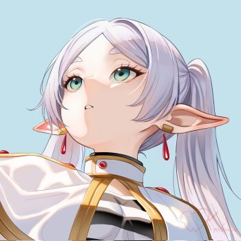 1girl blue_background capelet commentary earrings elf english_commentary frieren gold_trim green_eyes highres jewelry kyatsuwu long_hair looking_up meme parted_bangs parted_lips pointy_ears portrait shirt simple_background solo sousou_no_frieren striped_clothes striped_shirt teardrop_earrings twintails upward_angle_frieren_drawing_(meme) white_capelet white_hair