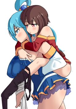 2girls absurdres after_cunnilingus age_difference aqua_(konosuba) black_panties black_socks blue_dress blue_eyes blue_hair blue_skirt blush breasts brown_hair carrying commentary dress english_commentary hand_under_clothes hand_under_shirt highres huge_breasts kono_subarashii_sekai_ni_shukufuku_wo! loli long_hair megumin mixed-language_commentary multiple_girls panties panties_around_leg panties_around_one_ankle panties_around_one_leg piggyback pout pussy_juice_on_face qarimune red_dress red_eyes shirt simple_background skirt socks underwear white_background yuri