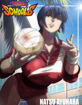 Rule 34 | 1girl, absurdres, ayuhara natsu, ball, breasts, building, character name, collarbone, commentary, copyright name, cowboy shot, day, english commentary, highres, justice gakuen, large breasts, leaning forward, lips, long hair, open mouth, outdoors, raydash30, short hair, solo, sportswear, standing, sun, teeth, volleyball, volleyball (object), volleyball uniform