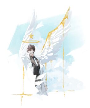 1boy absurdres angel black_hair black_shirt black_vest blending cloud cloudy_sky coat collared_shirt commentary_request day dripping falling_paper feathered_wings feet_out_of_frame halo highres kim_dokja looking_to_the_side male_focus necktie omniscient_reader&#039;s_viewpoint open_clothes open_coat outdoors sanjinmogufufu shirt short_hair sky solo star_(symbol) variant_set vest white_coat white_necktie white_wings wings yellow_blood