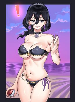 ! 1girl absurdres bare_shoulders beach bikini black_bikini black_border black_choker black_eyes black_hair black_nails border breasts choker cloud commentary commission earrings english_commentary eyeshadow floating_hair glint hair_between_eyes hanny_(uirusu_chan) hex_maniac_(pokemon) hex_maniac_(pokemon_legends:_z-a) highres holding holding_poke_ball horizon jewelry large_breasts long_hair makeup nail_polish navel nintendo outside_border pink_sky poke_ball poke_ball_(basic) pokemon pokemon_legends:_z-a purple_eyeshadow purple_lips side-tie_bikini_bottom skindentation sky smile solo standing swimsuit wavy_hair