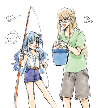 10s 1boy 1girl asari_nanami blue_hair brown_hair bucket fish fishing_rod high_ponytail highres hook idolmaster idolmaster_cinderella_girls idolmaster_side-m koron_chris long_hair looking_at_another one_eye_closed pocket ponytail simple_background trait_connection white_background