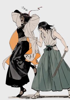 Rule 34 | 1boy, 1girl, anger vein, arms behind head, black choker, black shoes, bleach, breasts, choker, closed eyes, clothes grab, commentary request, dark-skinned female, dark skin, full body, furrowed brow, green hakama, hair between eyes, hakama, haori, highres, holding, holding sword, holding weapon, jacket grab, japanese clothes, korean commentary, kuchiki byakuya, laughing, medium breasts, nul, open mouth, orange haori, parted bangs, ribbon choker, sandals, shihouin yoruichi, shoes, smile, socks, sword, tabi, two-sided haori, weapon, white background, white haori, white socks