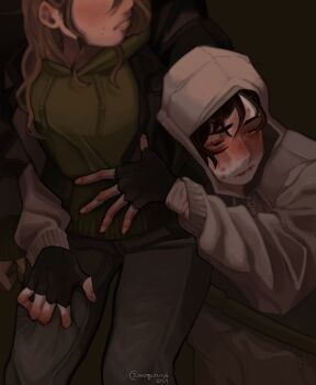 1boy 1girl aegyo_sal biting_own_lip black_gloves black_hair black_jacket bloodshot_eyes blush brown_hair commentary cry_of_fear english_commentary fingerless_gloves flustered gloves green_hoodie grey_hoodie half-closed_eyes hand_on_another's_stomach highres hood hoodie hug jacket long_hair mogilnik6 scar scar_on_arm self-harm short_hair simon_henriksson sophie_(cry_of_fear) wrist_cutting