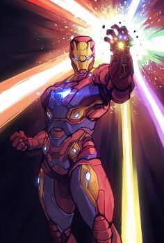 10s 1boy absurdres arm_up armor avengers:_endgame avengers_(series) bad_id bad_pixiv_id bodysuit crack exoskeleton glowing glowing_eyes gofa hand_up helmet highres infinity_gauntlet iron_man male_focus marvel marvel neon_trim power_armor power_suit science_fiction solo spoilers superhero_costume tony_stark