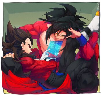 black_hair blue_eyes blue_sash closed_mouth dougi dragon_ball dragon_ball_heroes gloves long_hair male_focus monkey_boy monkey_tail multiple_boys muscular muscular_male ommmyoh pants red_fur saiyan sash son_goku son_goku_(xeno) spiked_hair stuck_in_a_box super_saiyan super_saiyan_4 tail time_patrol_(dragon_ball) twitter_username vegeta vegeta_(xeno)