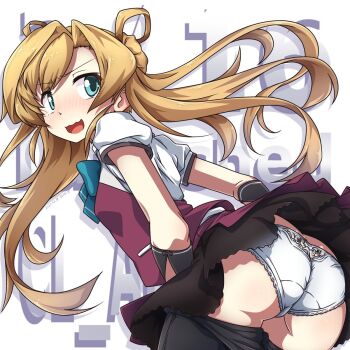 1girl 547th_sy abukuma_(kancolle) ass bike_shorts blonde_hair blouse blue_eyes butt_crack commentary_request cosplay cowboy_shot double_bun from_behind gloves hair_bun hair_rings highres kantai_collection leaning_forward long_hair looking_at_viewer panties pleated_skirt purple_skirt school_uniform shirt short_sleeves shorts unworn_shorts shorts_under_skirt skirt solo text_background underwear vest white_background white_panties white_shirt yuugumo_(kancolle) yuugumo_(kancolle)_(cosplay)