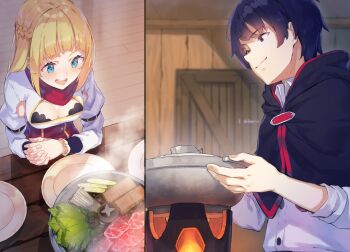 Rule 34 | 1boy, 1girl, absurdres, armpit cutout, black capelet, black hair, blonde hair, blue eyes, breasts, capelet, cleavage, cleavage cutout, closed mouth, clothing cutout, commentary request, cooking, corset, food, highres, interlocked fingers, long sleeves, medium breasts, official art, open mouth, own hands together, red (shin no nakama), red corset, rit (shin no nakama), second-party source, shin no nakama janai to yuusha no party wo oidasareta no de henkyou de slow life suru koto ni shimashita, shirt, smile, teeth, upper teeth only, white shirt, yasumo (kuusouorbital)