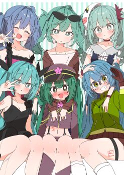 Rule 34 | 6+girls, :d, :o, absurdres, aqua eyes, aqua hair, arm tattoo, black bow, black dress, blue hair, blush, bow, bright pupils, brown cardigan, brown gloves, brown jacket, camisole, cardigan, closed eyes, commentary, copyright request, cropped jacket, dress, eyewear on head, facing viewer, feet out of frame, frilled dress, frills, gloves, green eyes, green hair, green jacket, grin, group picture, hair bow, hand on another's head, hand up, hatsune miku, highres, jacket, kneehighs, leg tattoo, long hair, looking at viewer, mask, mask on head, miku day, military uniform, multiple girls, no nose, number tattoo, open mouth, parted lips, pink dress, red tattoo, senbonzakura (vocaloid), shinkai shoujo (vocaloid), shirt, simple background, sitting, smile, socks, standing, stomach tattoo, striped background, sunglasses, suspenders, sweatdrop, tattoo, thigh strap, twintails, uruti 2388, vocaloid, w, w over eye, wet, white pupils, white shirt, white socks, yellow eyes