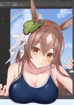 1girl against_fourth_wall animal_ears bare_arms bare_shoulders blue_one-piece_swimsuit blush breasts brown_eyes brown_hair charlotte_(madoka_magica) cleavage collarbone commentary_request double-parted_bangs ear_ornament feriri fingernails fourth_wall hair_between_eyes highres horse_ears large_breasts long_hair looking_at_viewer multicolored_hair one-piece_swimsuit partial_commentary satono_diamond_(umamusume) smile solo streaked_hair swimsuit through_medium through_screen tracen_swimsuit umamusume user_interface veil wet