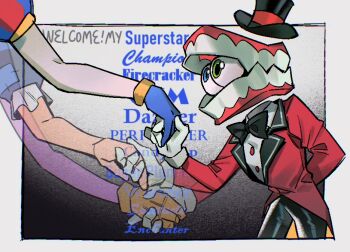 Rule 34 | 1girl, 2boys, 3hkowalski, arm behind back, black background, black bow, black bowtie, black pants, blue eyes, blue gloves, blue sleeves, bow, bowtie, caine (the amazing digital circus), colored skin, english text, fang, feet out of frame, frilled sleeves, frills, from side, gloves, green eyes, hat, heterochromia, holding hands, jax (the amazing digital circus), lapels, looking at another, multiple boys, open mouth, out of frame, pants, pomni (the amazing digital circus), puffy short sleeves, puffy sleeves, purple skin, ragatha (the amazing digital circus), red sleeves, shirt, short sleeves, teeth, the amazing digital circus, top hat, two-tone sleeves, white background, white shirt