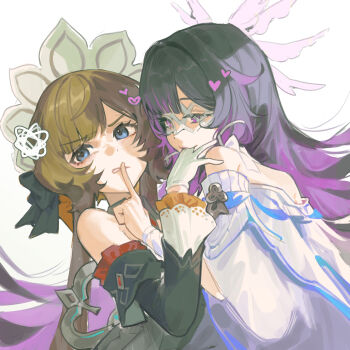 2girls absurdres averting_eyes bare_shoulders black_bow black_hair black_sleeves blue_eyes blunt_bangs bow brown_hair coat columbina_(genshin_impact) commentary detached_collar detached_sleeves eye_mask finger_in_another's_mouth finger_sucking finger_to_another's_mouth genshin_impact gloves hair_bow hair_ornament hair_ribbon hand_up heart highres light_blush long_hair long_sleeves looking_at_another mask multicolored_hair multiple_girls off-shoulder_coat off_shoulder purple_hair ribbon sandrone_(genshin_impact) simple_background squiggle streaked_hair tian_luo_bo tress_ribbon upper_body white_background white_coat white_gloves white_headdress white_mask white_ribbon winding_key wing_hair_ornament yuri