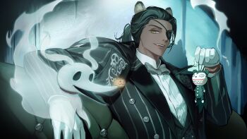 Rule 34 | 1boy, animal ears, black coat, black hair, black jacket, bow, bowtie, charm (object), coat, coat on shoulders, couch, dark-skinned male, dark skin, dog, eyepatch, ghost, gloves, green eyes, grey bow, grey bowtie, highres, holding, holding charm, jacket, leona kingscholar, leona kingscholar (nightmare suit), lion boy, lion ears, long hair, looking at viewer, male focus, on couch, overcoat, ponytail, sadoku2929, shirt, sitting, slit pupils, solo, striped clothes, striped jacket, the nightmare before christmas, twisted wonderland, upper body, white gloves, white shirt, zero (nbc)