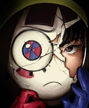 1girl absurdres asymmetrical_gloves black_hair blue_eyes blue_gloves blunt_bangs blush brown_eyes cracked_kawaii_mask cracked_skin frown gazo1a gloves hat highres jester_cap looking_at_viewer multicolored_eyes pomni_(the_amazing_digital_circus) red_eyes red_gloves the_amazing_digital_circus