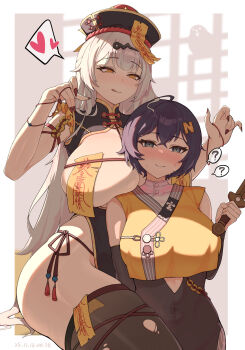2girls ? @_@ absurdres ahoge alternate_costume belle_(zenless_zone_zero) bird black_dress black_thighhighs blush border breast_rest breasts china_dress chinese_clothes closed_mouth clothing_cutout coin coin_on_string commentary_request covered_navel crop_top crop_top_overhang crossed_bangs cutout_above_navel dated detached_sleeves dress fingernails hair_ornament hairpin half-closed_eyes hat head_tilt heart highres holding holding_sword holding_weapon indoors jiangshi jiangshi_costume large_breasts letter_hair_ornament licking_lips long_hair looking_at_another looking_at_viewer multiple_girls ofuda ofuda_on_head ofuda_on_leg ofuda_on_nipples pasties pelvic_curtain qingdai_guanmao red_nails short_hair smile spoken_heart spoken_question_mark sweat sword talisman thighhighs tongue tongue_out torn_clothes torn_thighhighs vei_shengsu weapon white_border white_hair yellow_eyes yixuan_(zenless_zone_zero) yuri zenless_zone_zero