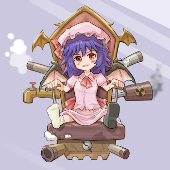 1girl absurdres armchair ascot bat_wings black_wings blush breasts chair child collared_shirt commentary edz_drawz english_commentary fang full_body hair_between_eyes hat highres looking_at_viewer medium_hair medium_skirt messy_hair mob_cap open_mouth pink_hat pink_shirt pink_skirt purple_hair radiation_symbol red_ascot red_eyes remilia_scarlet shirt short_sleeves sitting skirt small_breasts smile socks solo steam straight-on touhou vampire white_socks wings